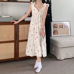 Cherry New Soft Home Sleeveless Korean NightDress Women V-Neck Elegant Summer Sexy Sweet Princess Loose Simple Kawaii Printing