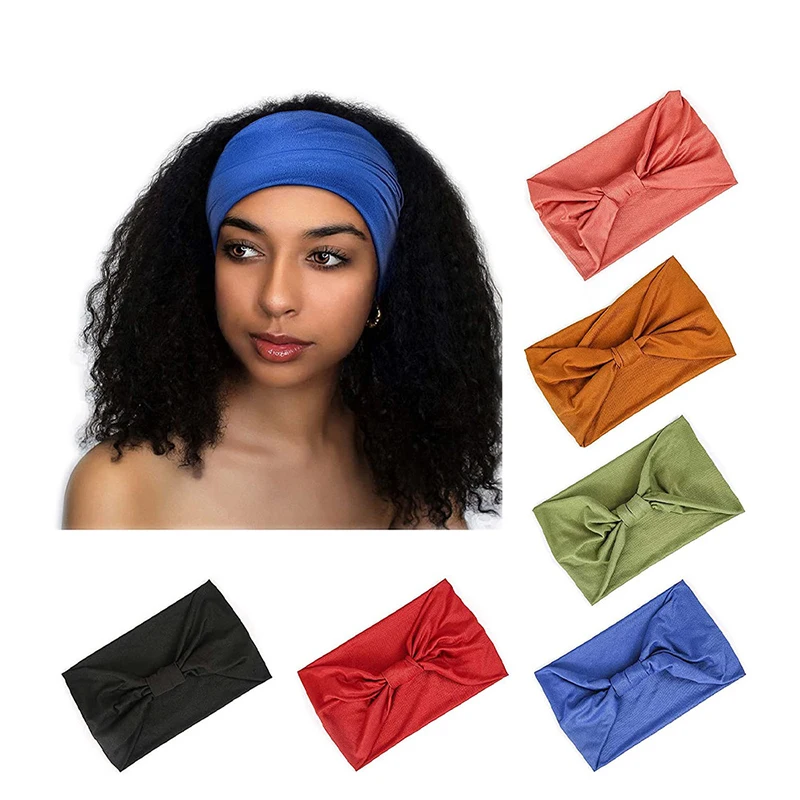 New Boho Solid Color Wide Headbands Vintage Knot Elastic Turban Headwrap For Women Girls Cotton Soft Bandana Hair Accessories