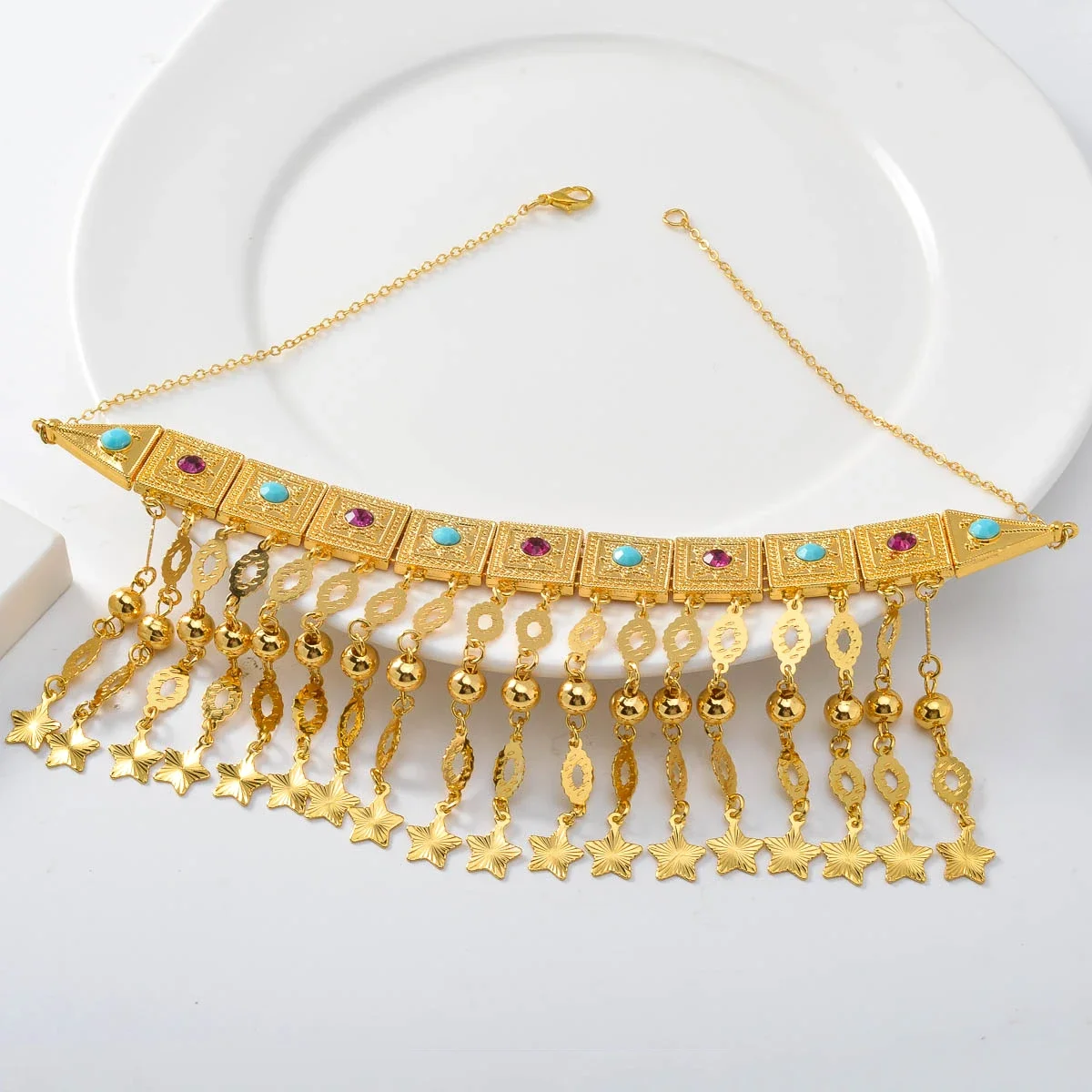 Dubai Jewelry Sets Tassels Necklaces Classic Chain Star Charms Cuban Romantic Links Birthday Gift for Women Gold Color  Pendant