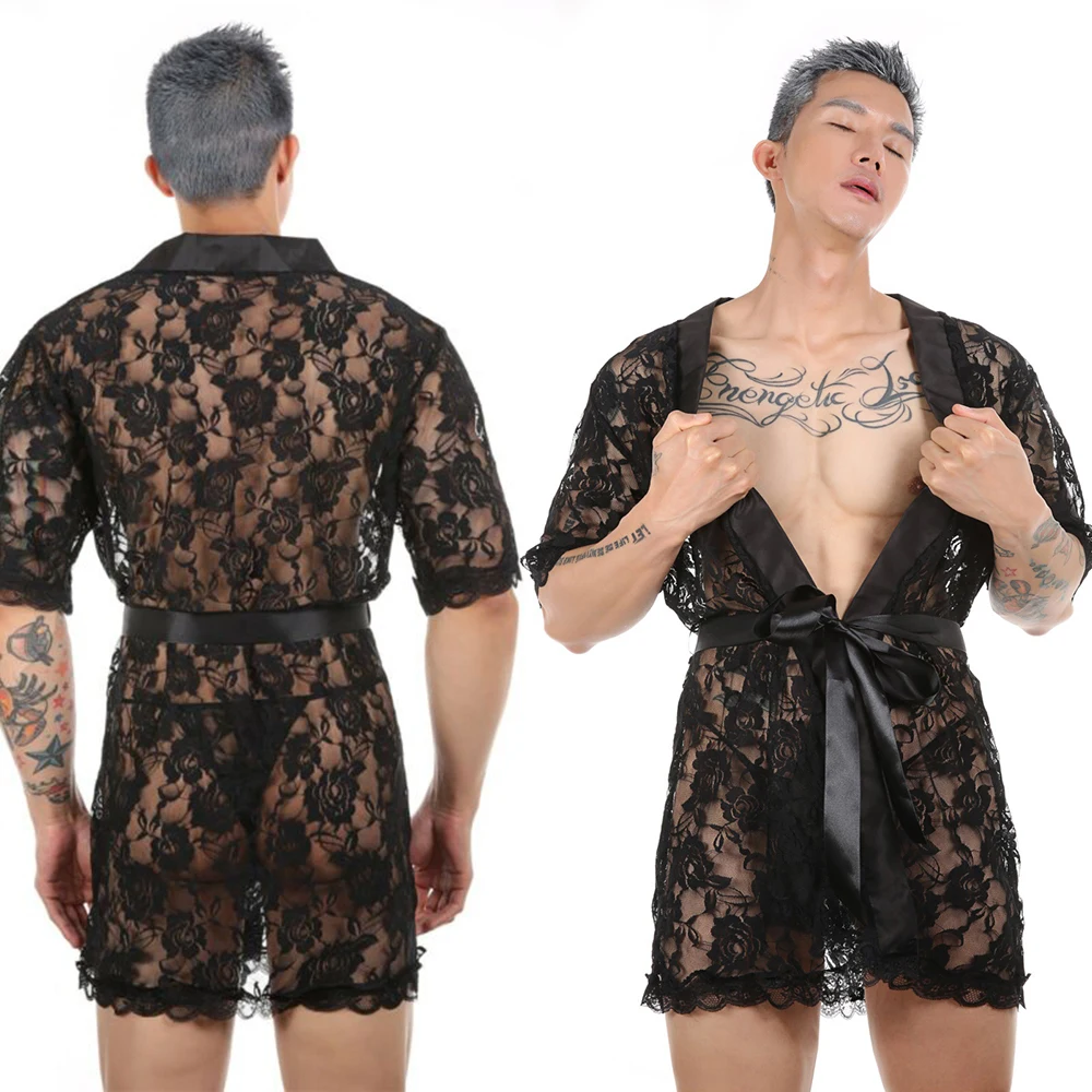 2pcs Men Robe Lace Bathrobe Nightwear See Through Underwear Pajamas Lingerie Short Sleeve Sexy Bathrobes With Belt Gay Sleepwear