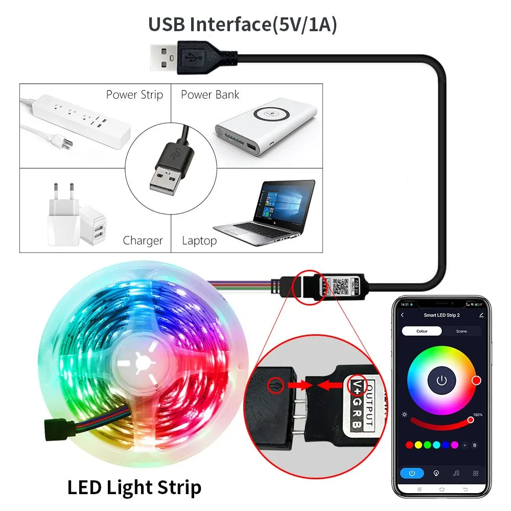 스마트 블루투스 LED 스트립 조명, RGB 2835, 5V USB, 스마트 라이프 앱 제어, 데스크탑 스크린, TV 백라이트, 유연한 다이오드 테이프