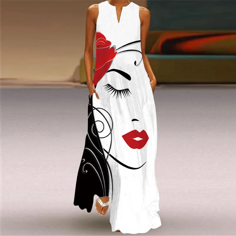 Vintage Print Maxi Kleid Für Frauen Sommer Lose Ärmellose Lange Kleider Elegante Dame V Neck Tasche Boho Strand Sommerkleid Vestidos