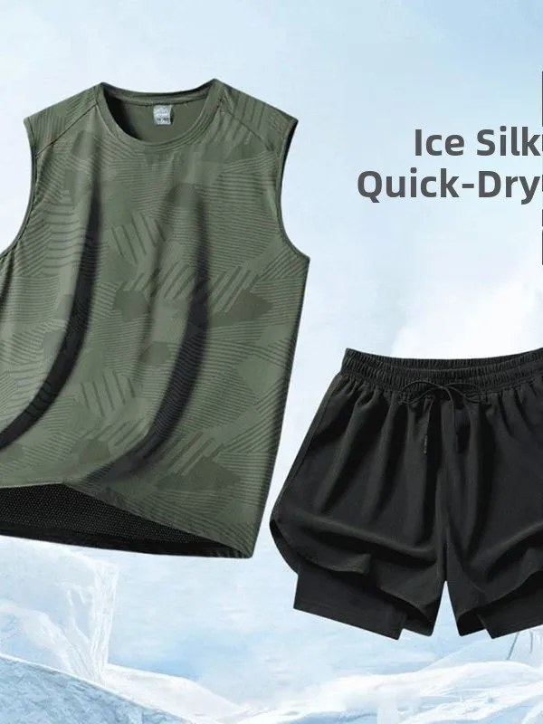 

Мужской спортивный комплект из ледяного шелка: летний, новый, повседневный, для фитнеса и тренировок, быстросохнущий, футболка и шорты из полиэстера, молодежный, весенний