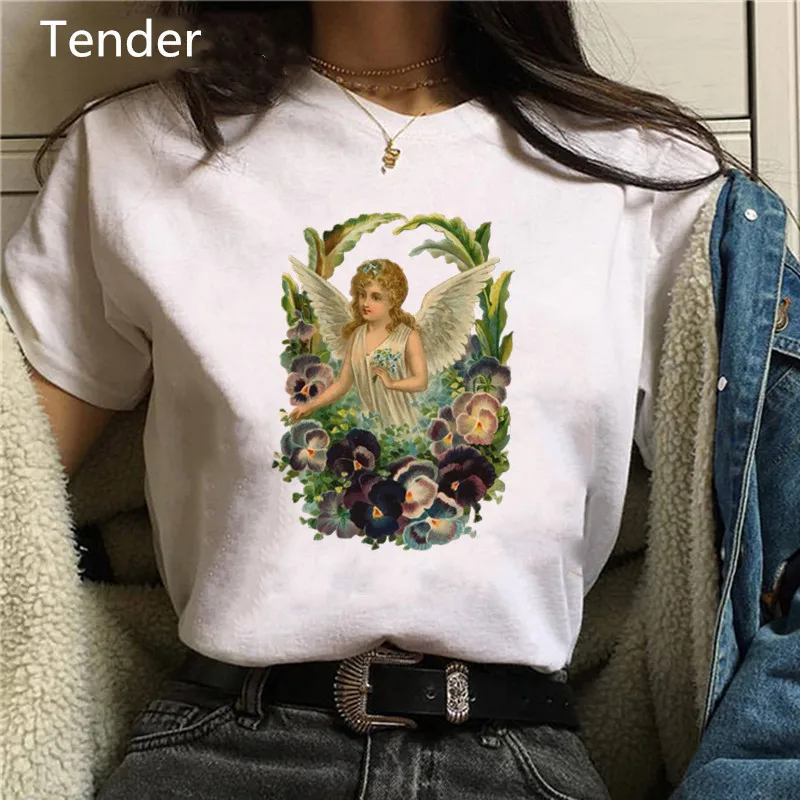 Cute Angel Baby Korean Women T-shirts Clothing Women Oversized Tshirt Summer Tops Print Funny T Shirt Harajuku O-neck Loose Tees