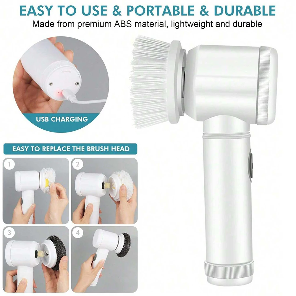 Electric Spin Scrubber Rechargeable Shower Scrubber With 5xBrush Heads Cordless Handheld Cleaning Brush For Kitchen Bathroom