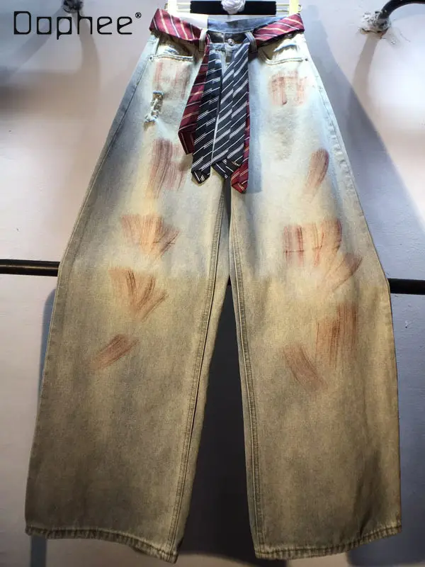 

2026 Spring and Summer New Ribbon Decoration High Waist Skinny Painted Wide Leg Straight Jeans Trousers Women's Pants