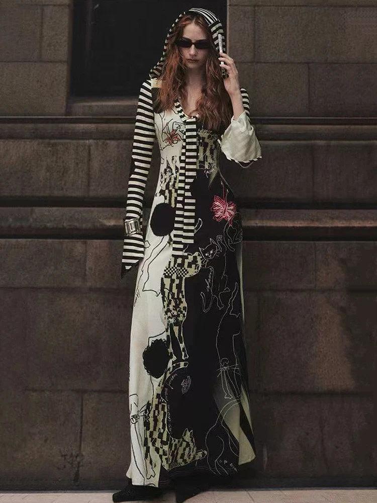 Y2K القوطية الشرير طباعة فستان بقلنسوة موضة الشارع الشهير سليم منتصف طول فستان هودي الأمريكية مخطط المرقعة Bodycon Vestidos