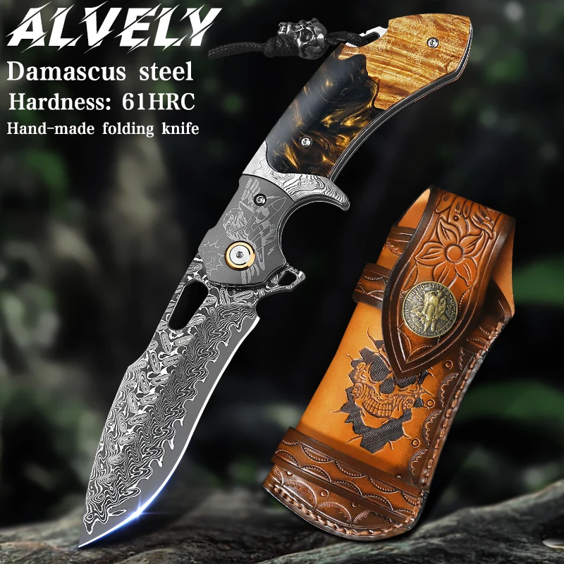 Damascus Steel Folding Pocket Knife, Resin+Maple wood，Leather Sheath，Outdoor Camping,Survival Tool, Collector's Grade Gift Knife