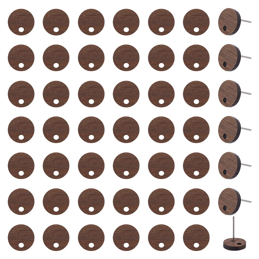 60Pcs Wood Earring Findings Flat Earring Posts Walnut Wood 10mm Studs Ear Findings Flat Round Ear Posts with Loop Pin Studs