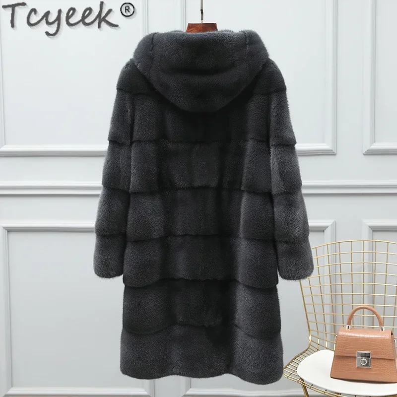 Tcyeek Natural Mink Women's Fur Jackets Winter Warm Pure Mink Fur Jacket High End Fashion Luxury Fur Coat Hooded Fourrure Femme