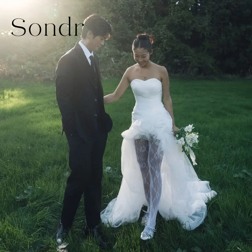 

Sondr Customized Chic Korean Wedding Dresses Sweetheart Strapless Hi-Lo Soft Tulle Bridal Evening Party Gown Photo Shoot Gown
