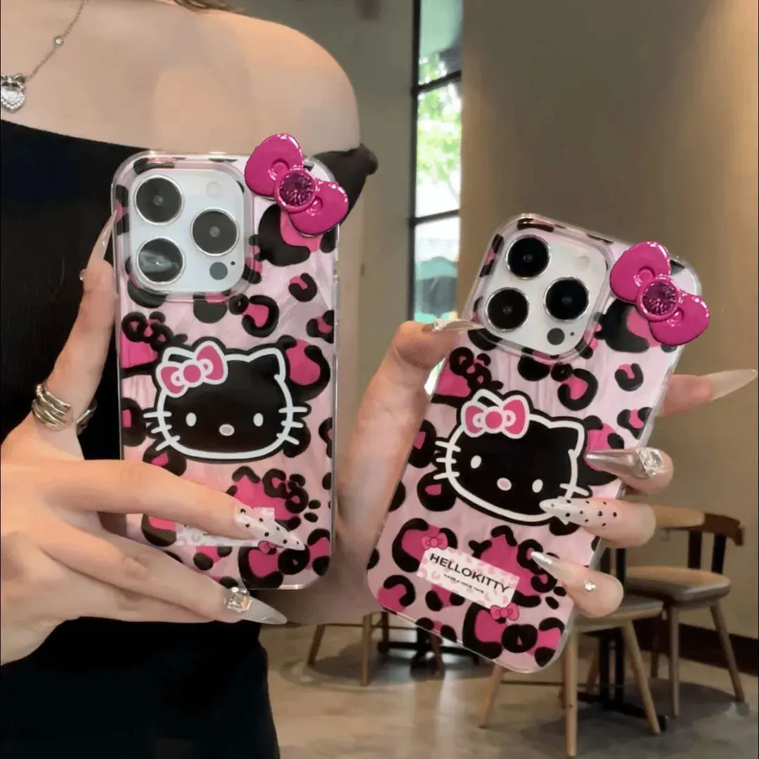 Sanrio Hello Kitty Leopard Print Black KT Phone Case For iPhone 16 15 14 12 13 11 Pro Max XR XS MAX 7 8 PLUS MINI Y2K Cute Cover