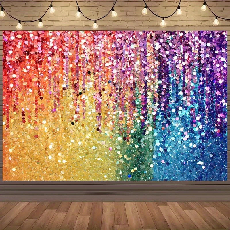 Das 1-teilige Fotohintergrund-Stoffmuster verfügt über regenbogenfarbene Pailletten und eine verträumte Wirkung für eine Geburtstagsfeier