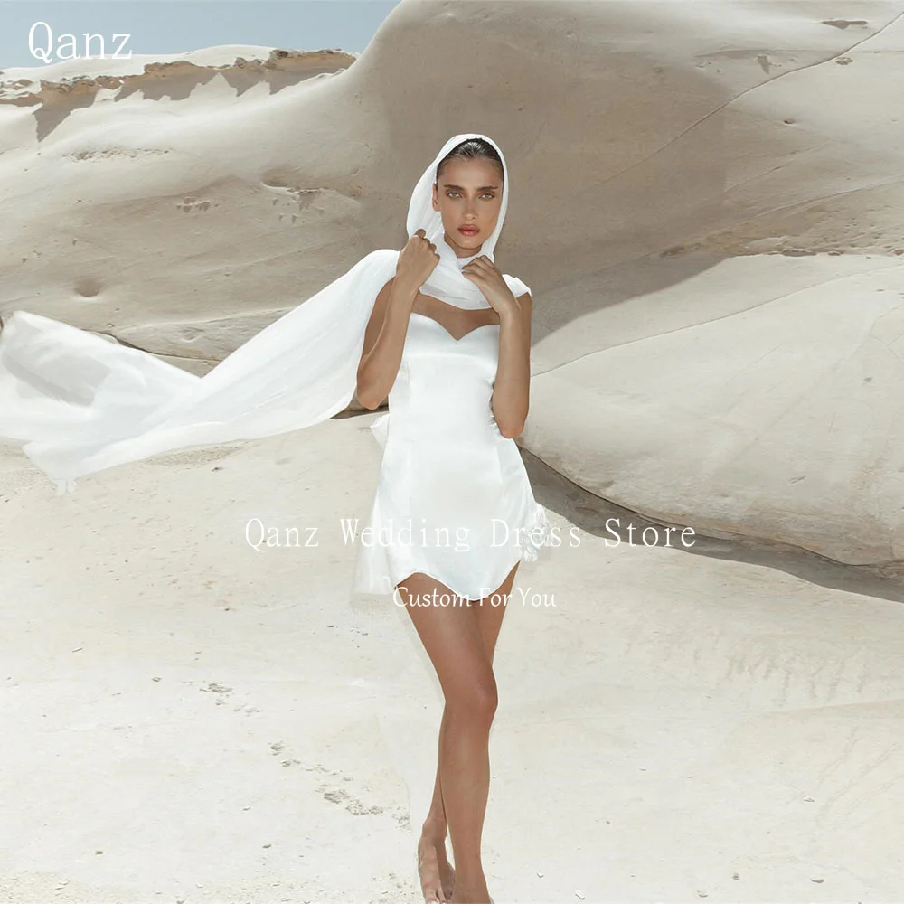 

Qanz Mini Wedding Dresses Sweeetheart Beach Short Soft Satin Weddings Dresses 3D Flower Vestidos De Novia Boda Civil Customized