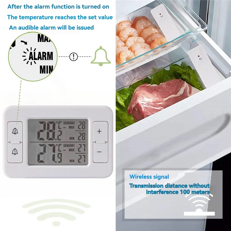 2Set Household Refrigerator Cold Storage Electronic Thermometer One Tow Two Wireless Transmission Thermometer With Alarmab13