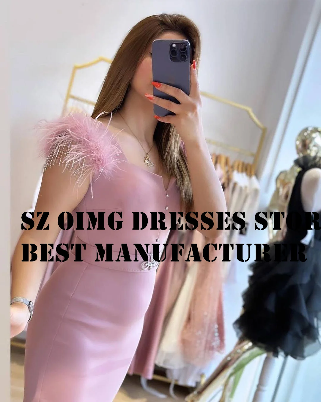 OIMG Short Prom Dresse Satin Arabic Short Sleeve Feathers Tea Length Pink Elegant Women Evening Gowns Formal Party Dress