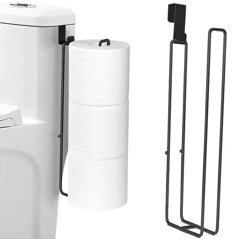 

No-Drill Wall Mount Toilet Roll Holder, Black Metal Tissue Rack with Towel Bar, Self-Adhesive Bathroom Organizer