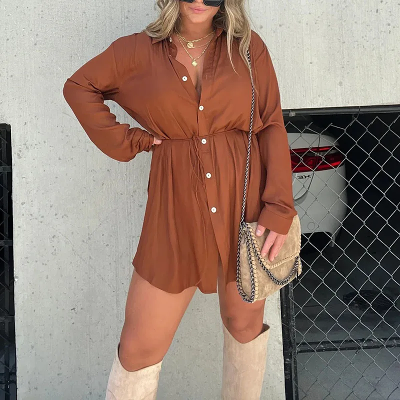 Autumn Winter Fashion New Shirts Shorts Jumpsuits Solid Color Long Sleeves Commuting Elegant Lace-up Buttons Cardigans Rompers