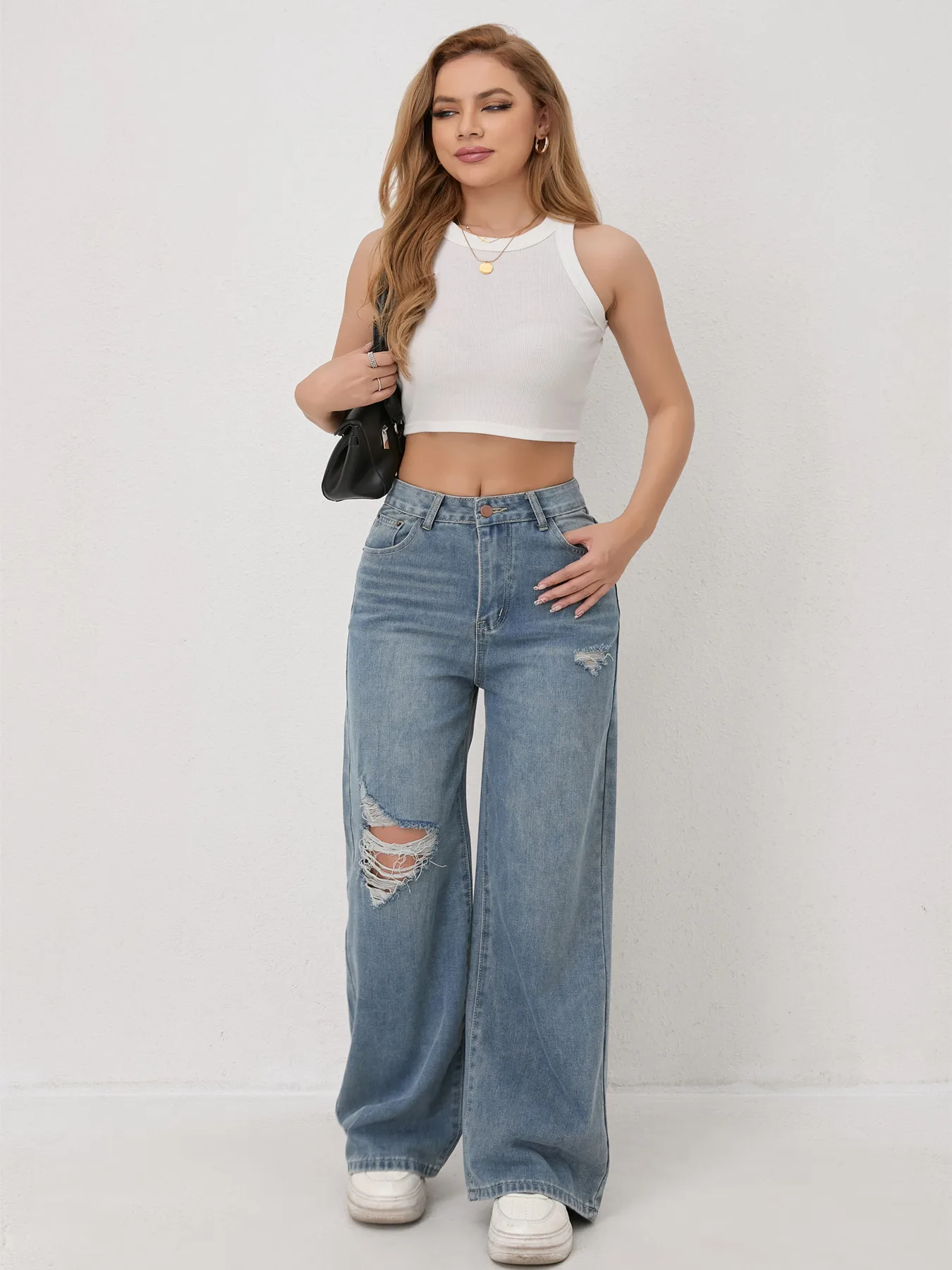 2026 カジュアルファッション ワイドレッグ ドレーピングパンツ アメリカンレトロ 穴あき レディースデニムパンツ ハイウエスト ルーズデザイン トラウザーズ