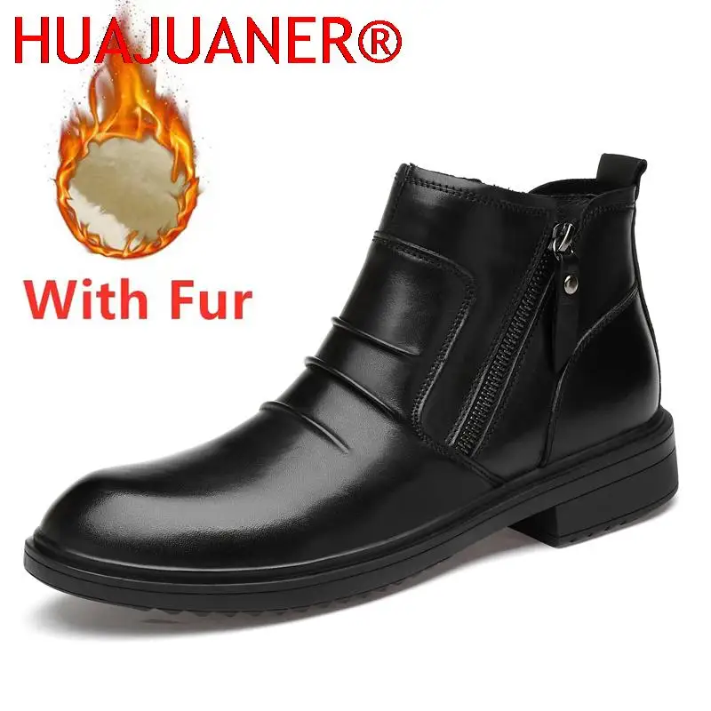 Luxury Brand Men's Winter Shoes High Quality Male Ankle Boots Genuine Leather Side Zipper Mens Boots Classic Black Shoes for Man