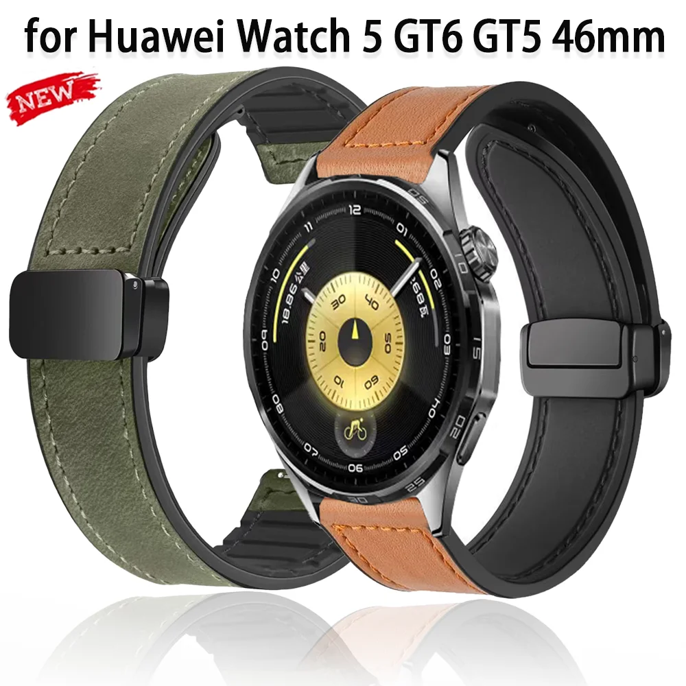 22/20mm Silicone+Leather Band for Huawei Watch GT6 GT5-4 46mm Magnetic Buckle Strap Bracelet Huawei Watch GT6 Pro 5 4 Pro 46mm
