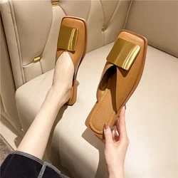 2024 New Women's Shoes Closed Toe Women's Slippers Fashion Dress Slippers Women Metal Decoration Square Toe Low Heel Shoes Women