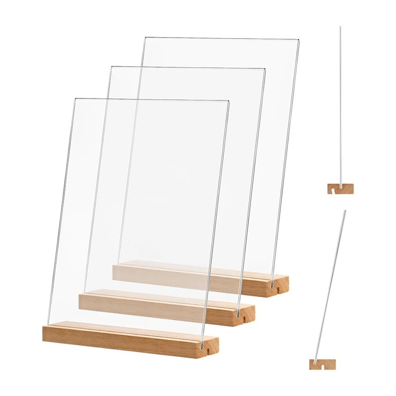 

4 Pack Table Menu Display Stand Set 8.5X11 Inches, L/T Shape Clear Acrylic Frames Wood Base, For Office