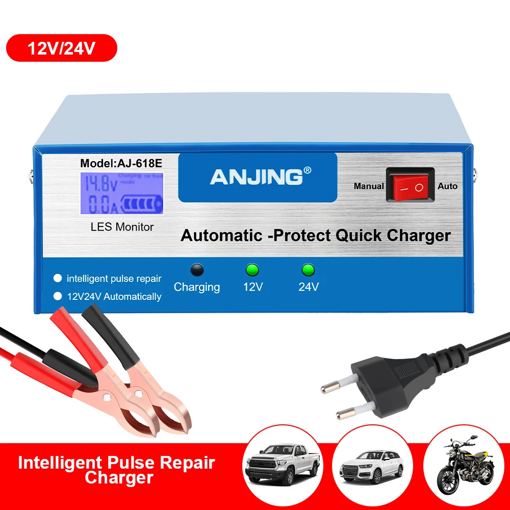 

Lead Acid Battery With Adapter Full Automatic Auto Car Battery Charger Intelligent Pulse Repair EU/US Plug 200AH 12/24V