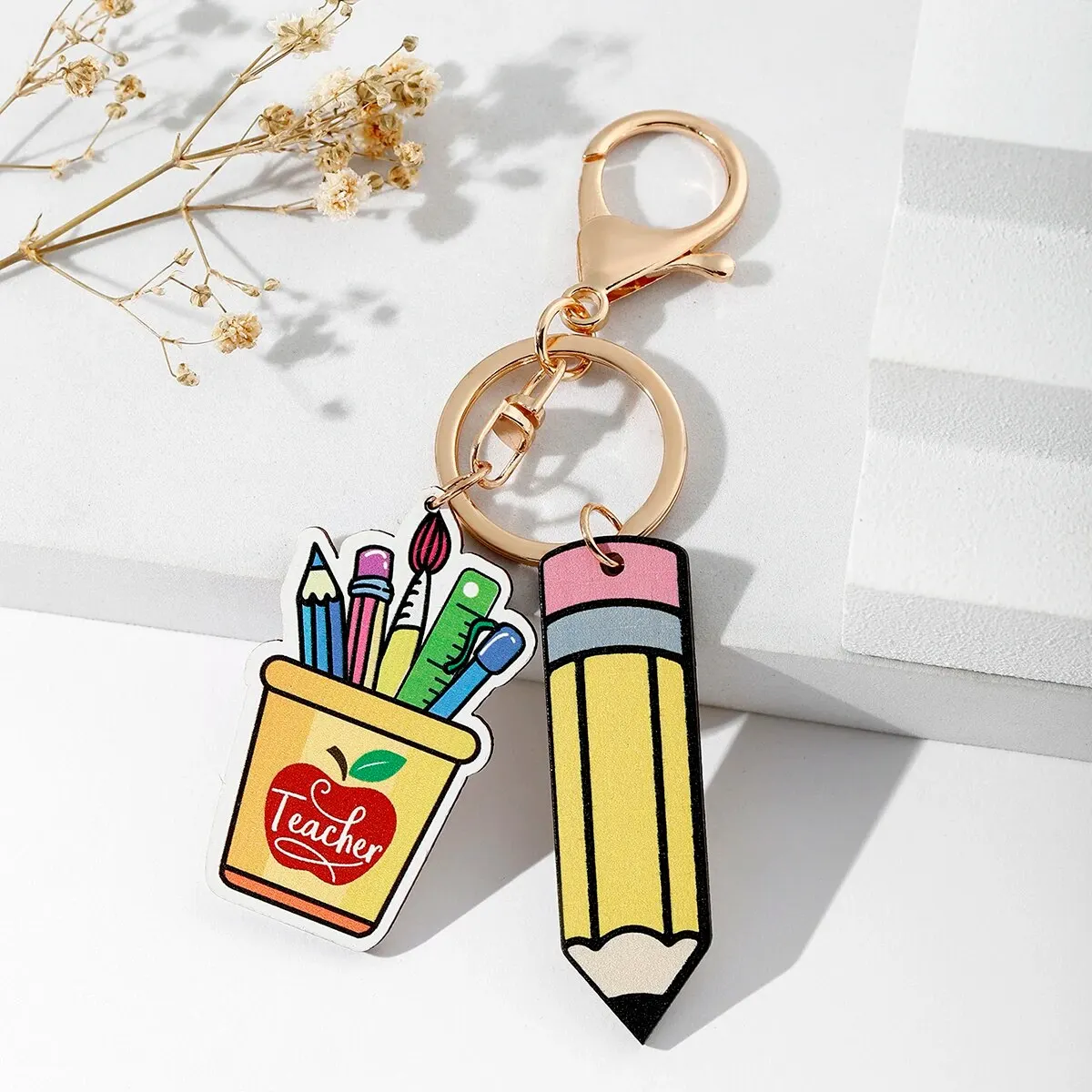 1Pc Fashion Personalized Creativity Teacher Keychain Rainbow Colorful Geometric Shape Pen Shape Teacher Wood Brand Keychain Bag