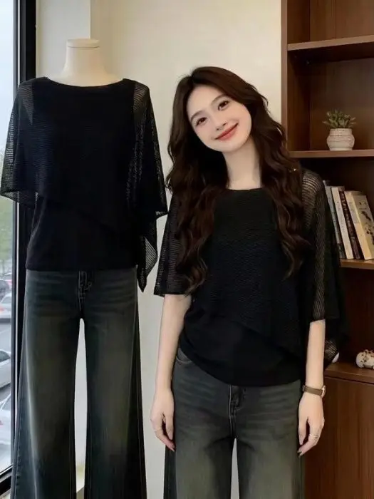 Irregular Knitted Ice Silk Shoulder Wrap Short Sleeve T-Shirt Women's Summer Breathable Two-Piece Top Korean Style Citywalk