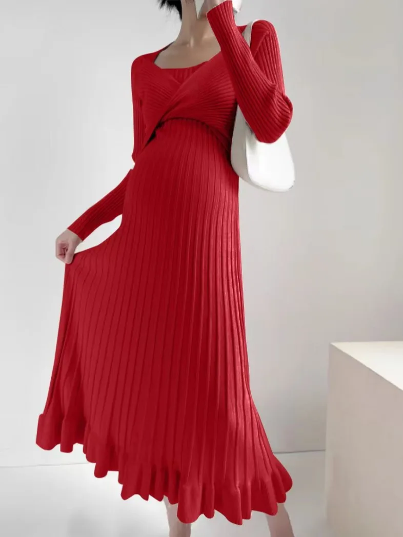 L68411# Dress Pregnant Women Long Sleeve Korean Dress Women Elegant Stylish New Arrival Pregnancy Clothes Knitted Pregnacy Dress