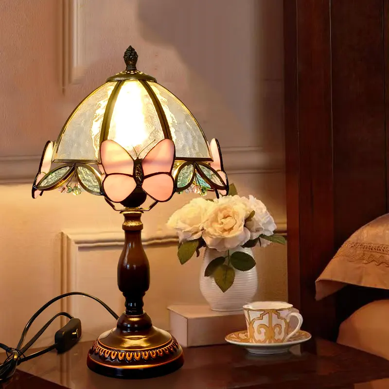 French Retro Style Table Lamp LED Butterfly Decoration Glass Lampshade Living Room Bar Bedroom Dining Hall Restaurant Desk Light