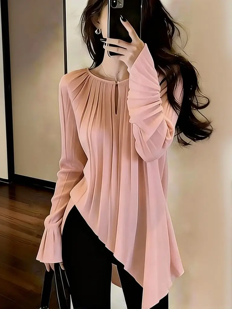 Pleated Elegant Women's Oversize T-Shirt Long Sleeve Chiffon Baggy Top White Round Neck Basic Tees Loose Casual Spring