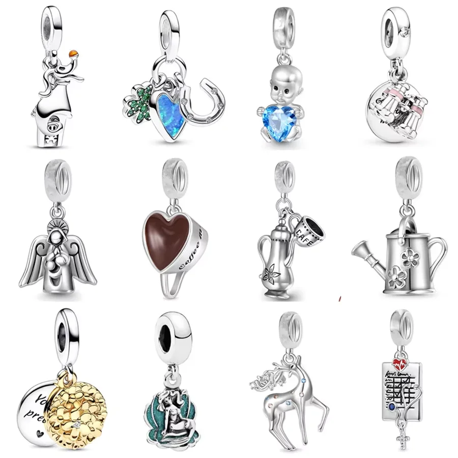 Coffee Pot Watering Can Beads DIY Charm Jewelry Fit Original 925 Sterling Silver Pandora Bracelet Baby Blue Embraces Gem Pendant