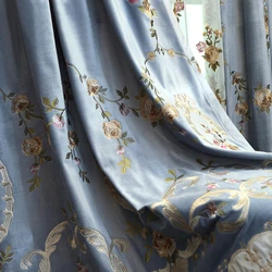 Luxury Blue Velvet Embroidered Full Blackout Curtain European Pastoral Curtains for Living Dining room Bedroom Tulle Custom