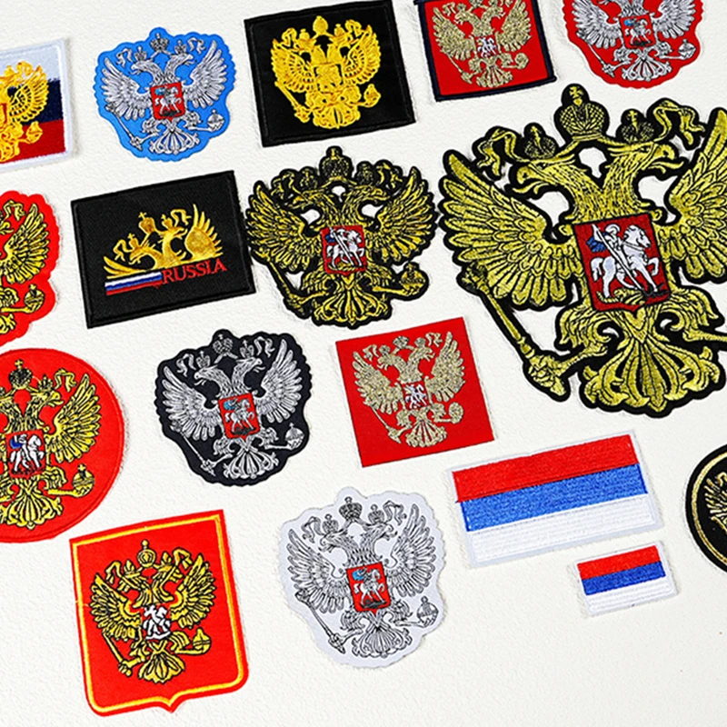 Russian GoldLine Eagle Embroidery Patch Eagle Flag Emblem Iron On Patch Hand sewn Weaving Mark Arm Badge Hat Clothing Label