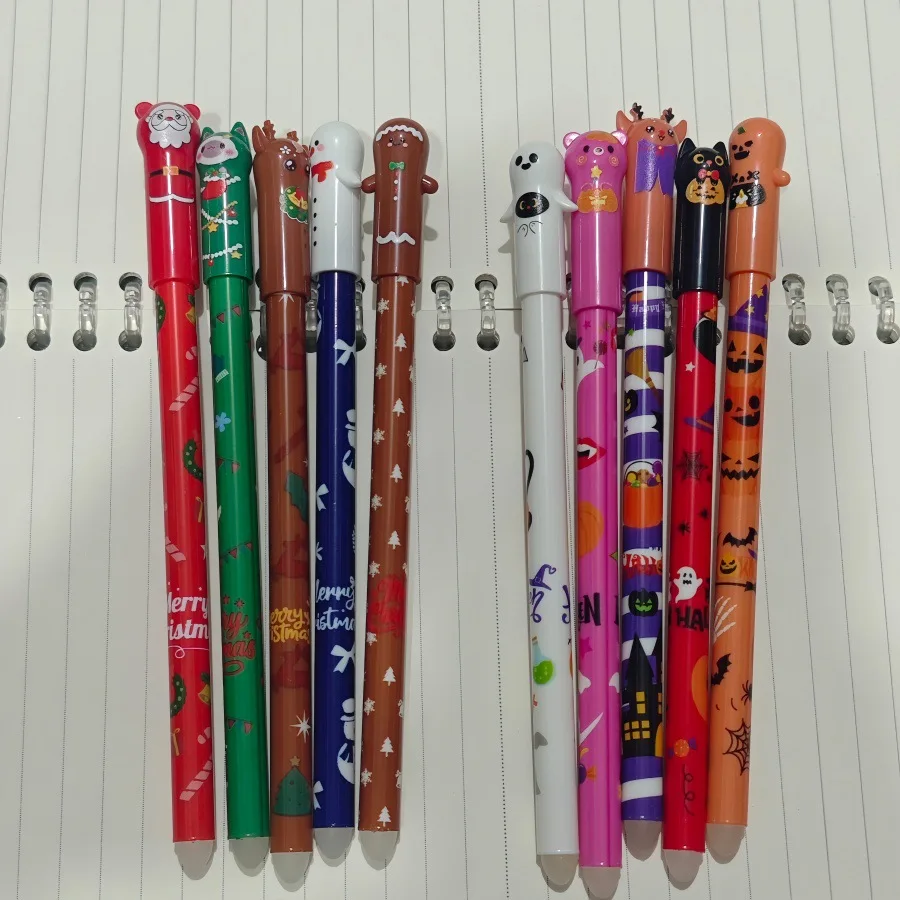 5pcs Christmas Erasable Gel Pens/With Santa Claus, Snowman Patterns/Quick-Drying/Erasable for Writing Mistakes/Smooth Writing.