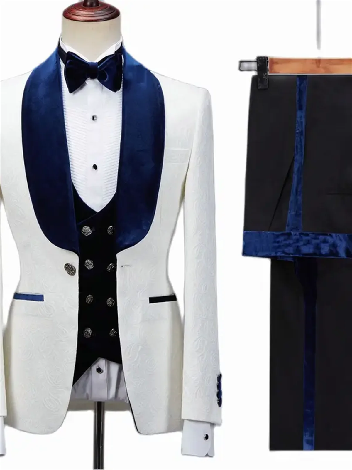 3 Pieces Floral Jacket Men Suit Slim Fit Wedding Tuxedo Navy Blue Velvet Lapel Groom Party Suits Costume Homme Best Man Blazer