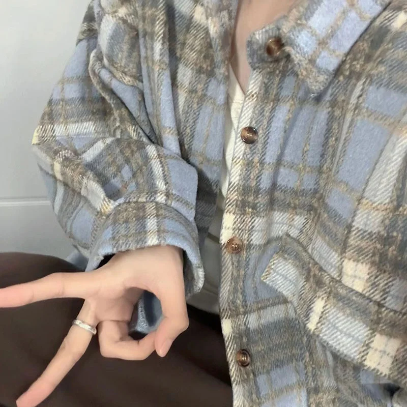 

plus Size 300 Pou Fat MM Spring Korean Sle Casual Outerwear Loose Blue Plaid irt Coat Women's Outerwear Comfortable Fit