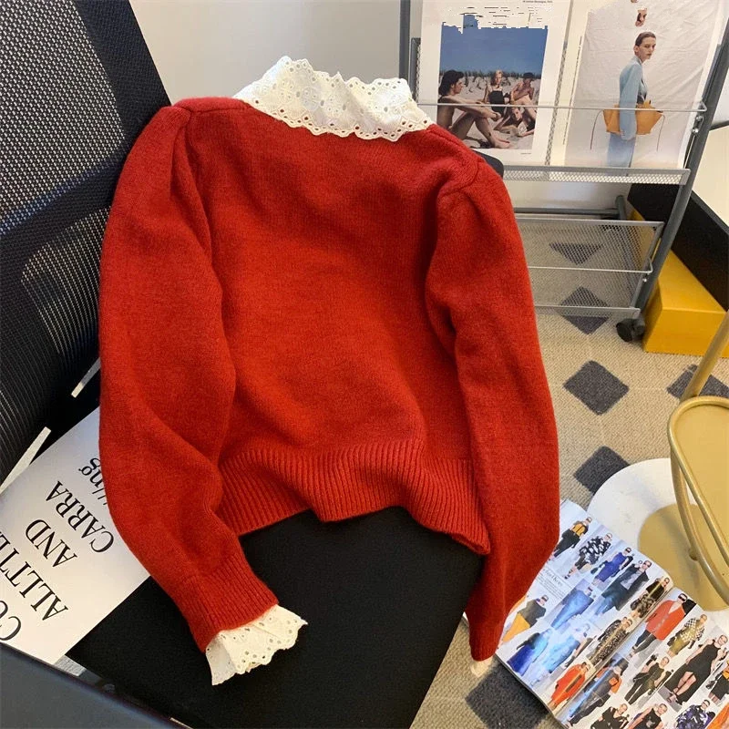 French Autumn Winter Lady Graceful Lace Bowknot Pathwork Sweater Cardigan Lady Sweet Pink Knitted Bottoming Tops New Knitwear