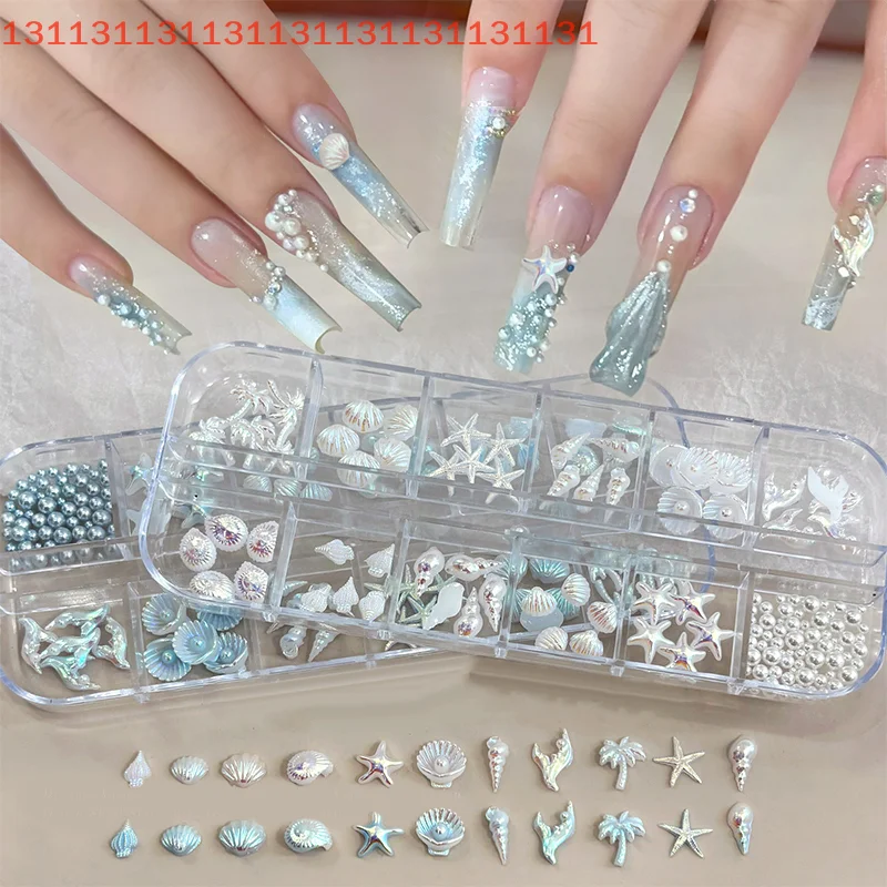 3D Nail Art Accessories for A Dreamy and Ocean Manicure Look, Shell, Starfish, Mermaid Tail, Blue and White, 12 Grids/Box