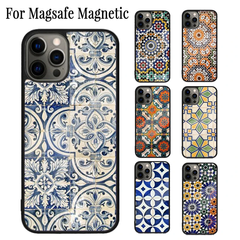 Funda de teléfono magnética con patrón de azulejos marroquíes, carcasa de carga inalámbrica Magsafe para iPhone 16, 15, 14 Plus, 13, 12 Mini, 11 Pro Max