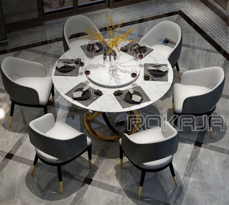 Italian Round Turntable Marble Dining Table Gold Stainless Steel Leg Slate Top Upscale Dinning Room Set