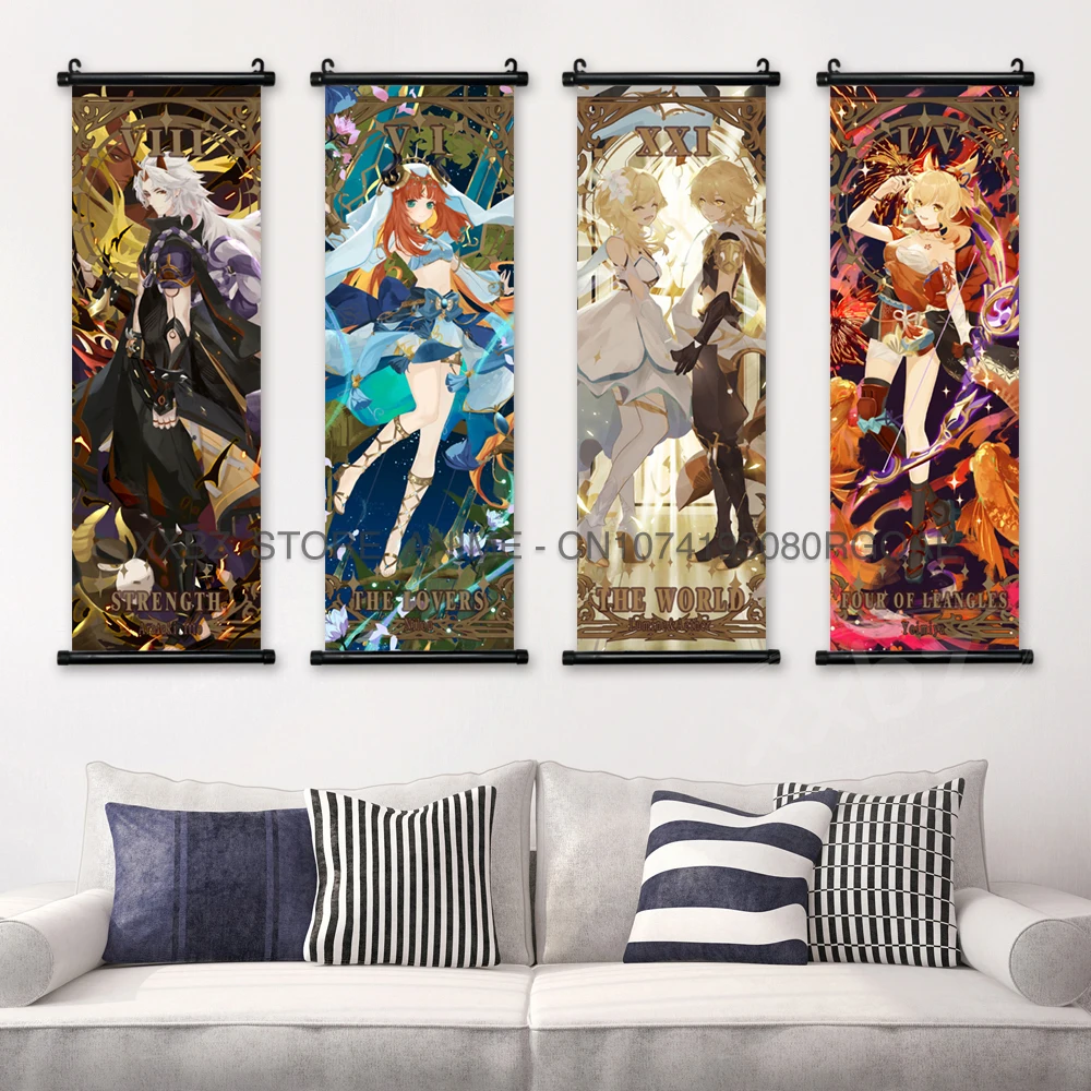 Genshin Impact Scrolls Pictures Anime Poster Home Decor Wall Art Kamizato Ayaka Zhongli Canvas Hanging Painting Living Room Gift