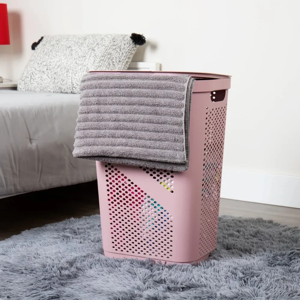 Mind Reader Basket Collection, Laundry Hamper, 60 Liter Plastic Attached Hinged Lid, Ventilated, Set of 2, Pink
