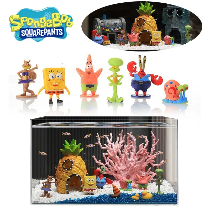 6/8Pcs SpongeBob Figures Aquarium Ornaments Cute Desktop Toy Model Patrick Star Cake Toppers Accessories Fish Tank Decoration