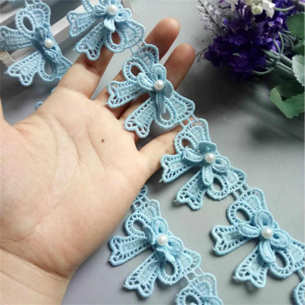 2 Yard Blue Butterfly Bowknot Pearl Embroidered Lace Trim Ribbon Fabric Sewing Craft Patchwork Handmade For Costume Decoration