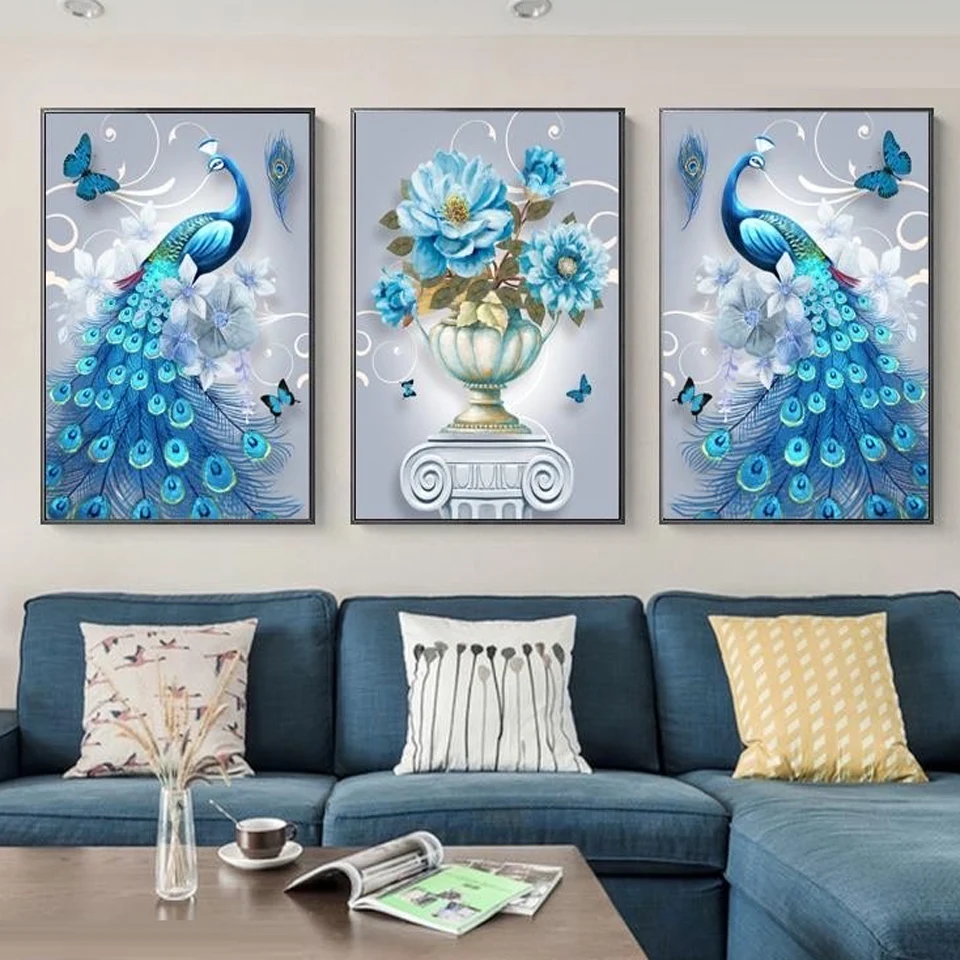 Diamond painting full diamond mosaic triptych peacock living room sofa bed painting embroidery crystal cross stitch home decor