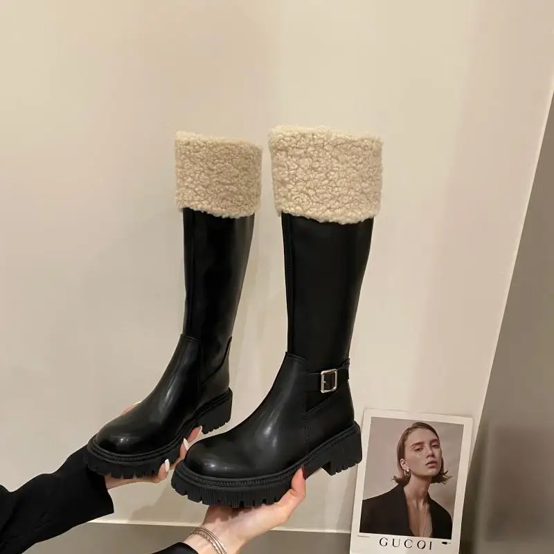 Platform Shoes Women High Boots with Fur Warm Leather Winter Boots 2021 British Fashion Long Motorcycle Botas Zapatos De Mujer