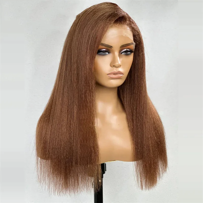 28Inch 180Density Soft Glueless Brown Yaki Kinky Straight Lace Front Wigs For Women BabyHair Preplucked Daily  Fashion Synthetic